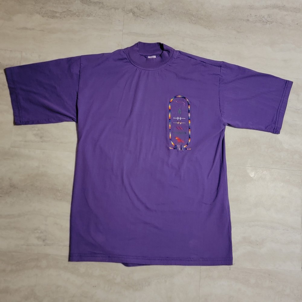 Vintage Classic Womens Purple Embroidered Hieroglyphic Turtleneck T-Shirt Large
